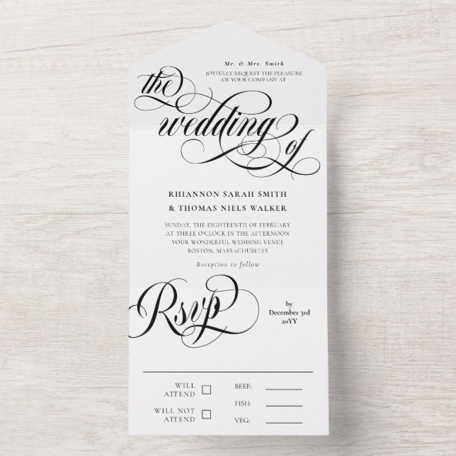 Black & White Elegant Swirls Wedding All In One Invitation (Inside)