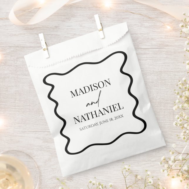 Black White Elegant Wavy Border Wedding Favour Bag (Clipped)