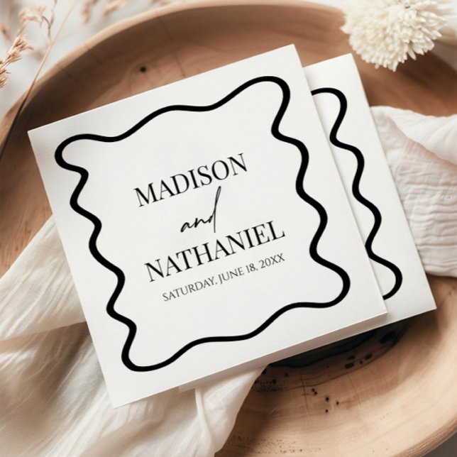 Black White Elegant Wavy Border Wedding Napkin (Creator Uploaded)