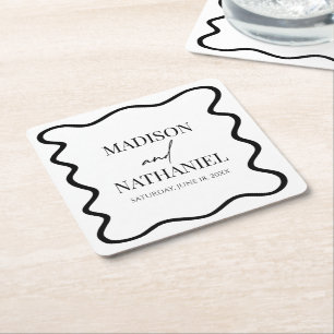 Black White Elegant Wavy Border Wedding Square Paper Coaster