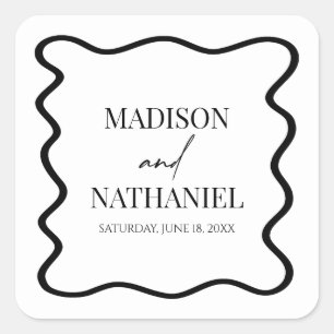 Black White Elegant Wavy Border Wedding Square Sticker