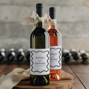Black White Elegant Wavy Border Wedding Wine Label