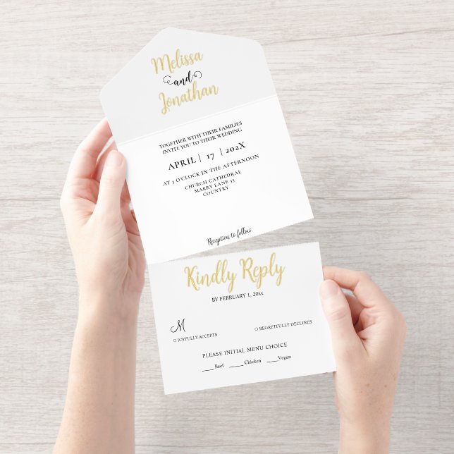 Black White Elegant Wedding Gold Foil All In One Invitation (Tearaway)