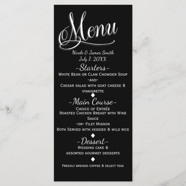 Black & White Elegant Wedding Menu Card (Front)