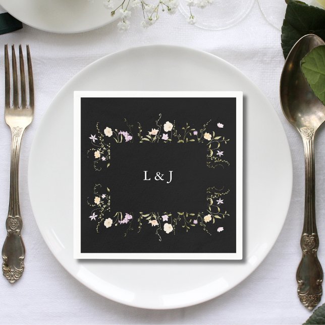 Black & White Elegant Wildflowers Floral Wedding Napkin (Creator Uploaded)