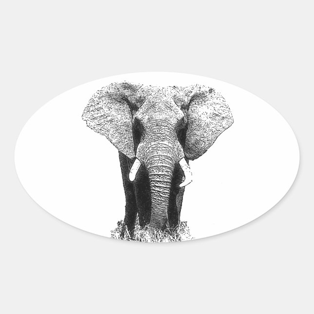 Black & White Elephant Oval Sticker (Front)