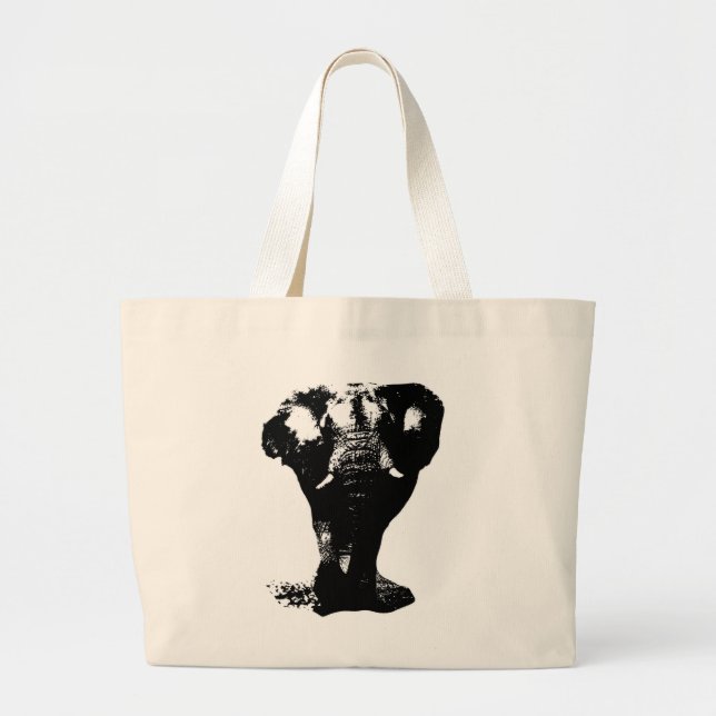 Black & White Elephant Pop Art Large Tote Bag (Front)