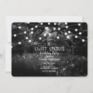 Black White Enchanted Forest Lights Sweet 16 Party Invitation