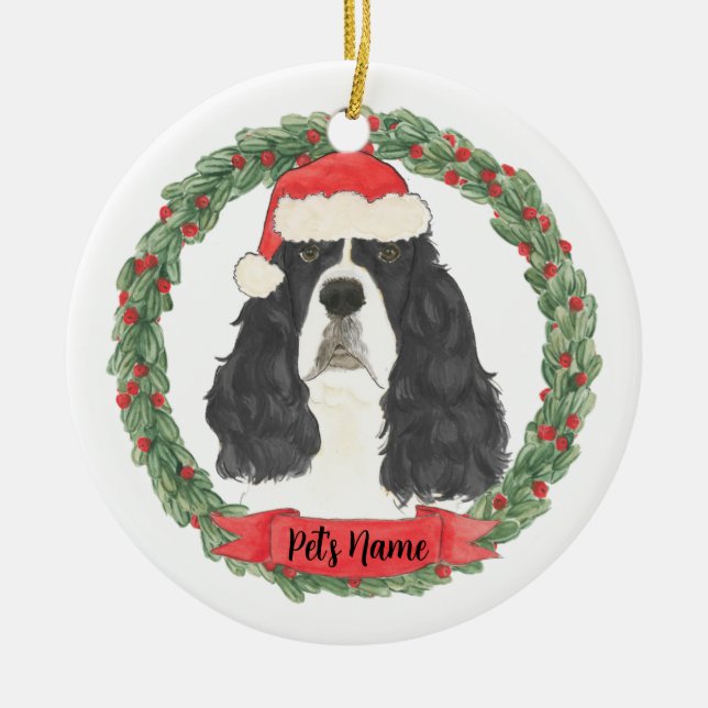 Black & White English Springer Spaniel Christmas Ceramic Ornament (Front)