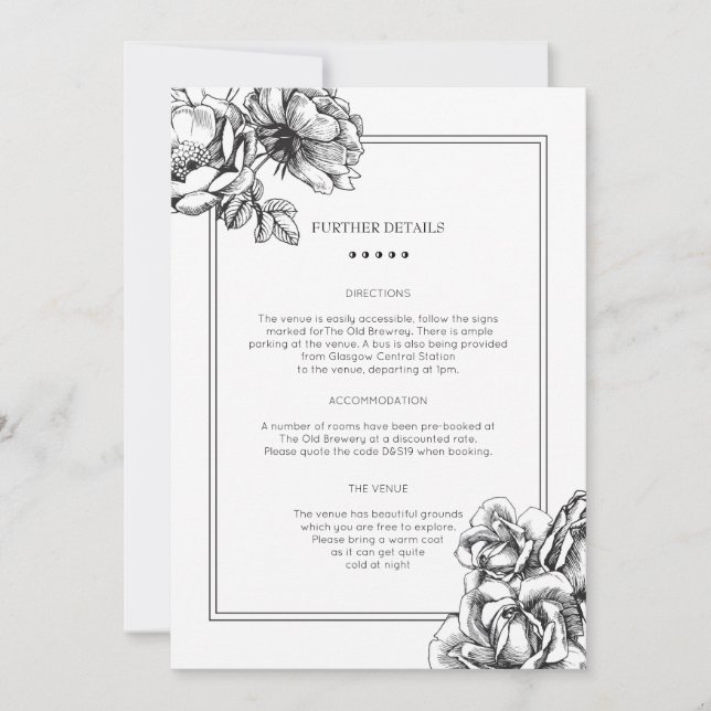 Black & White Etched Floral Wedding Info Card (Front)