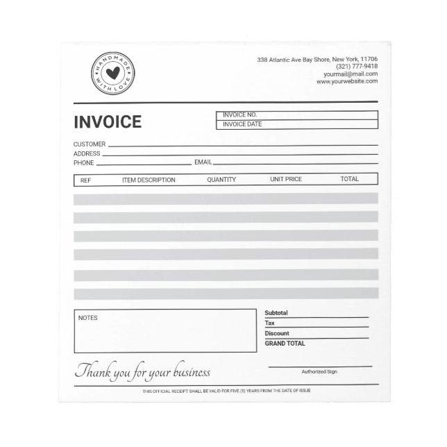 Black & White Etsy / Handmade Shop Invoice Notepad (Front)