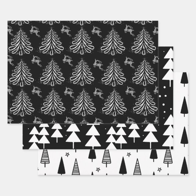 BLACK & WHITE EVERGREEN TREES PATTERN WRAPPING PAPER SHEET (Set)