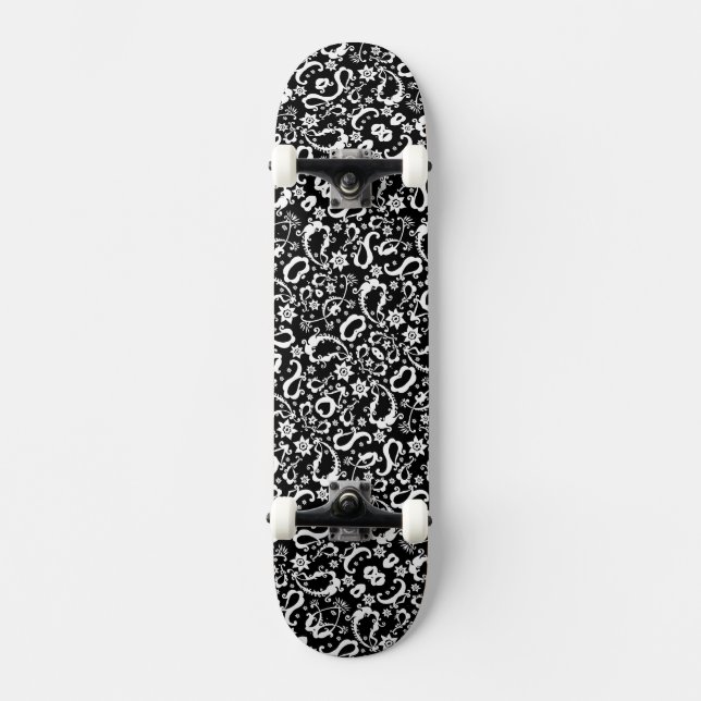 black white exquisite indian pattern skateboard (Front)