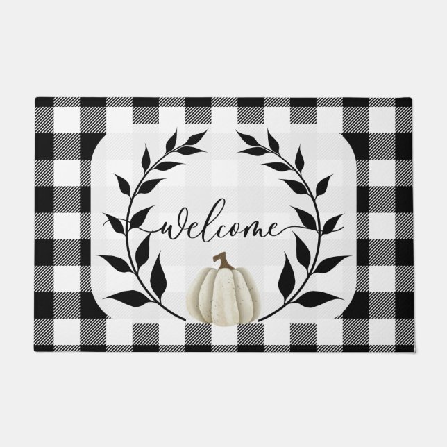 Black & White Fall Welcome Mat Autumn Pumpkin  (Front)