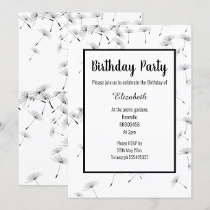 BLACK WHITE FALLING DANDELION FLOWER BIRTHDAY INVITATION