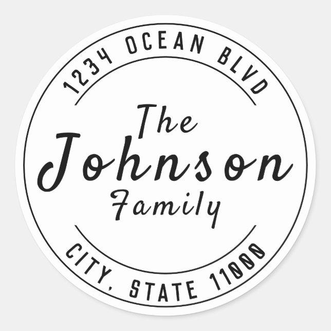 Black & White Family Name Address  Classic Round Sticker (Front)