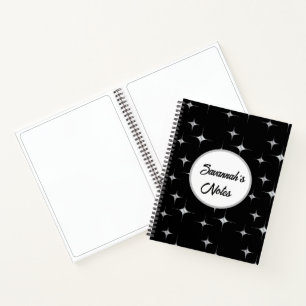 Black White Fancy Faux Diamond Design Custom Name Notebook