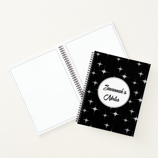 Black White Fancy Faux Diamond Design Custom Name Notebook (Inside)