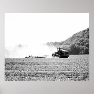 Black & White Farm Tractor Working a Field 16x20 Poster