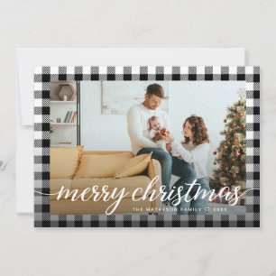 Black White Farmhouse Plaid Photo Merry Christmas  Holiday Card