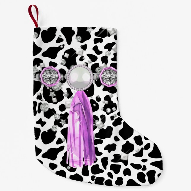 Black & White Faux Animal Print JewelsPurpleTassel Small Christmas Stocking (Front)