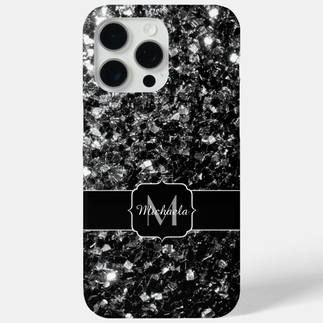 Black White faux glitter sparkles bling Monogram Case-Mate iPhone Case (Back)