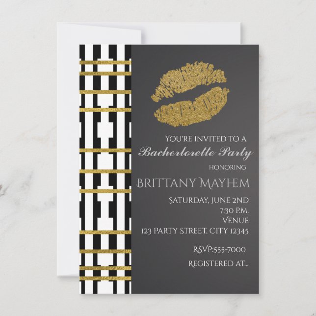 Black White & Faux Gold Beauty Lips Kiss Party Invitation (Front)