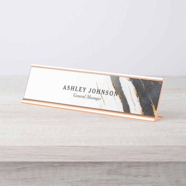 Black White Faux Gold Foil Marble Custom Desk Name Plate (Front)