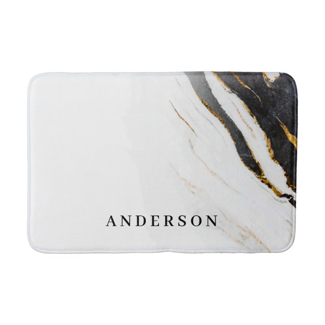 Black White Faux Gold Foil Marble Personalised Bath Mat (Front)