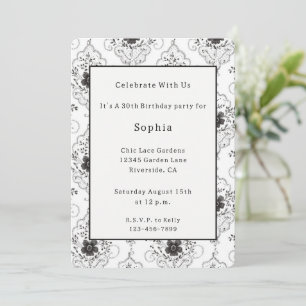 Black White Faux Lace Flowers Birthday Invitation