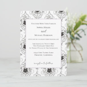 Black White Faux Lace Flowers Wedding Invitation