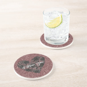 Black White Faux Lace Heart Floral Coaster