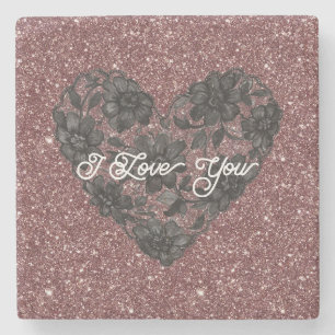 Black White Faux Lace Heart Floral Stone Coaster