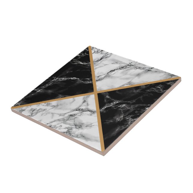 Black White Faux Marble Ceramic Tile and Gold Line (Side)