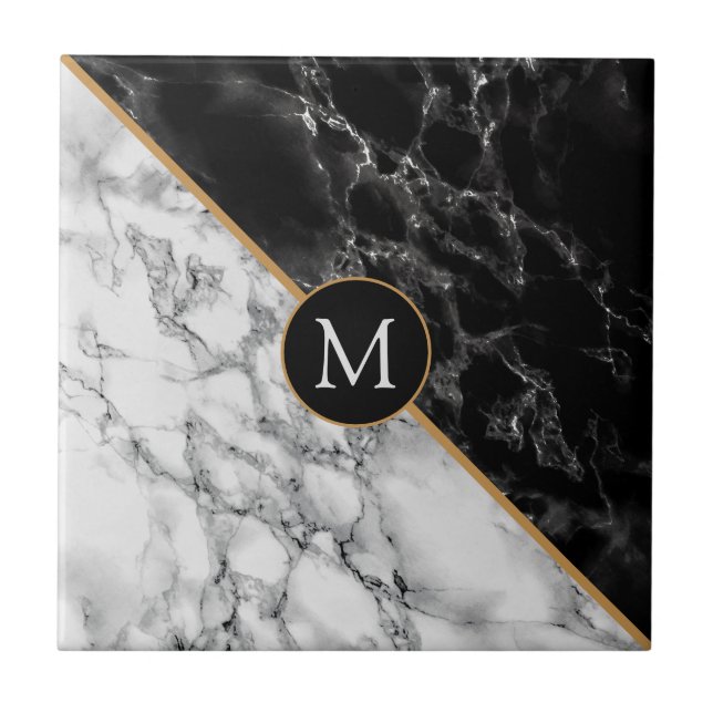 Black White Faux Marble Personalised Letter Tile (Front)