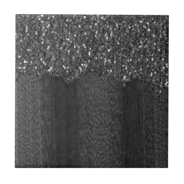 Black white faux sparkles rustic wood ceramic tile (Front)