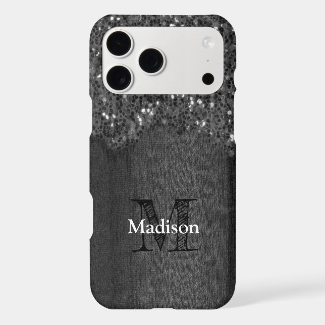 Black white faux sparkles rustic wood Monogram (Back)