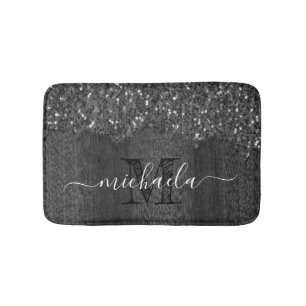 Black white faux sparkles rustic wood Monogram Bath Mat