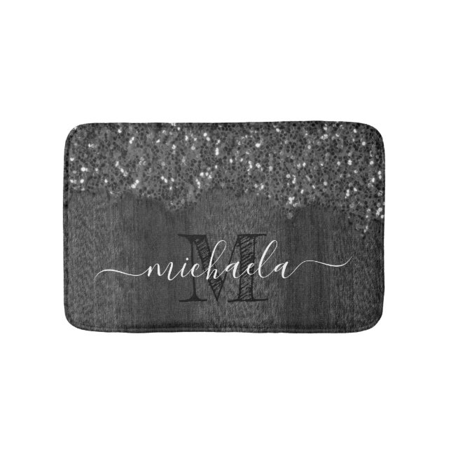 Black white faux sparkles rustic wood Monogram Bath Mat (Front)
