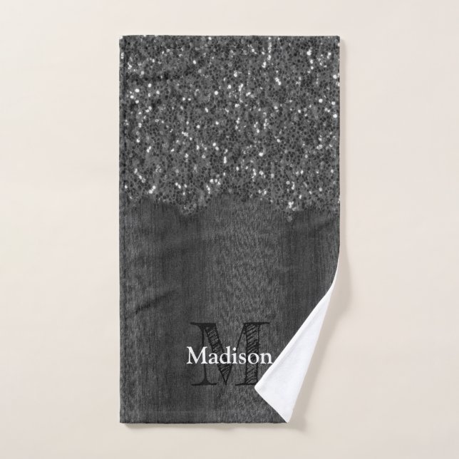 Black white faux sparkles rustic wood Monogram Bath Towel Set (Hand Towel)