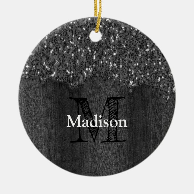 Black white faux sparkles rustic wood Monogram Ceramic Ornament (Front)