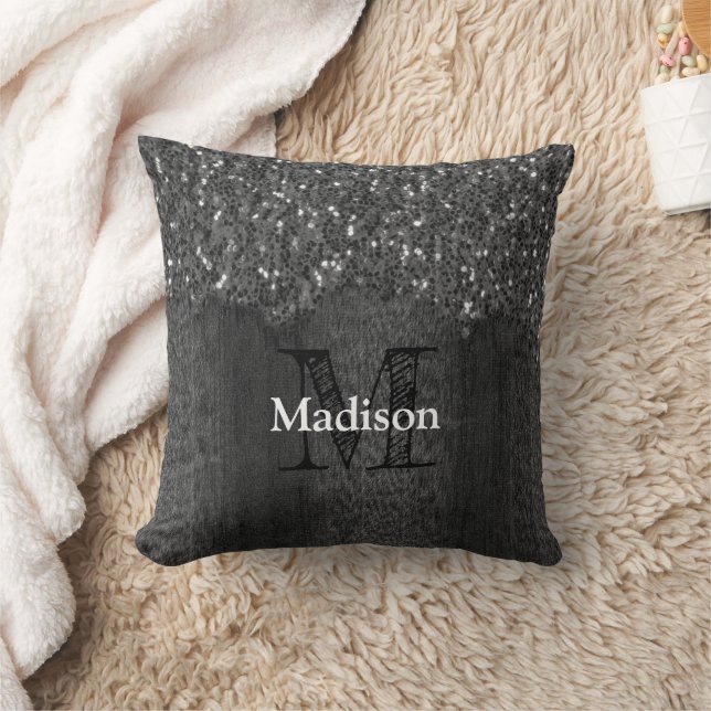 Black white faux sparkles rustic wood Monogram Cushion (Blanket)