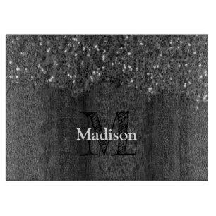 Black white faux sparkles rustic wood Monogram Cutting Board