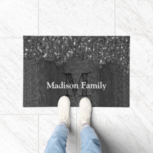 Black white faux sparkles rustic wood Monogram Doormat