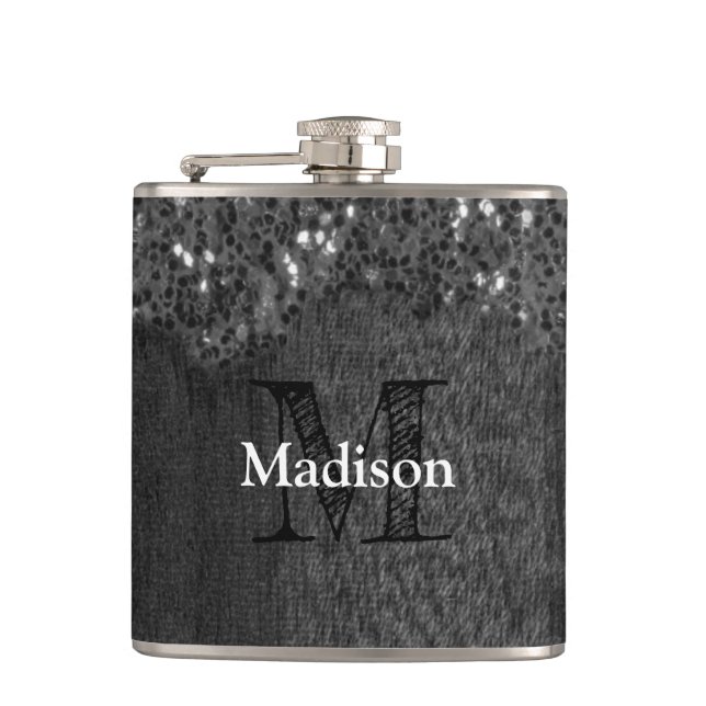 Black white faux sparkles rustic wood Monogram Hip Flask (Front)