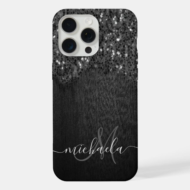 Black white faux sparkles rustic wood Monogram iPhone Case (Back)
