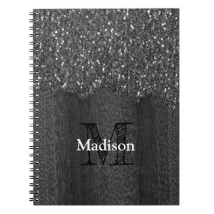 Black white faux sparkles rustic wood Monogram Notebook