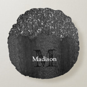 Black white faux sparkles rustic wood Monogram Round Cushion