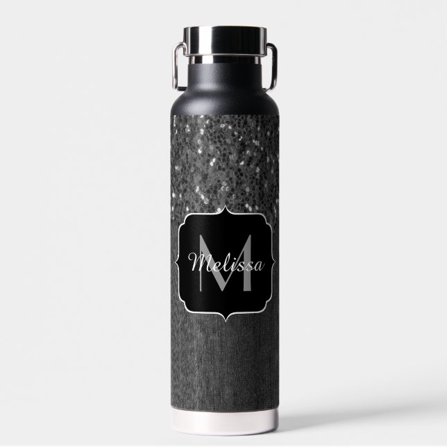 Black white faux sparkles rustic wood Monogram Water Bottle (Front)