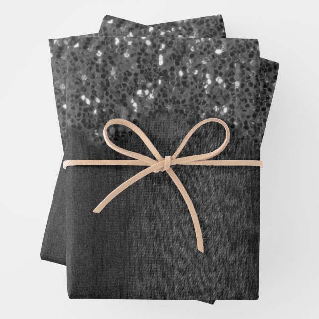 Black white faux sparkles rustic wood wrapping paper sheet (In situ)